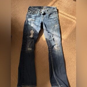 Silver Jeans Distressed Straight Leg Blue Jeans